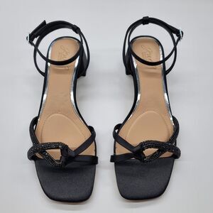 Jewel Badgley Mischka Fern Black Satin Crystal Knot Block Heel Sandal Size 8